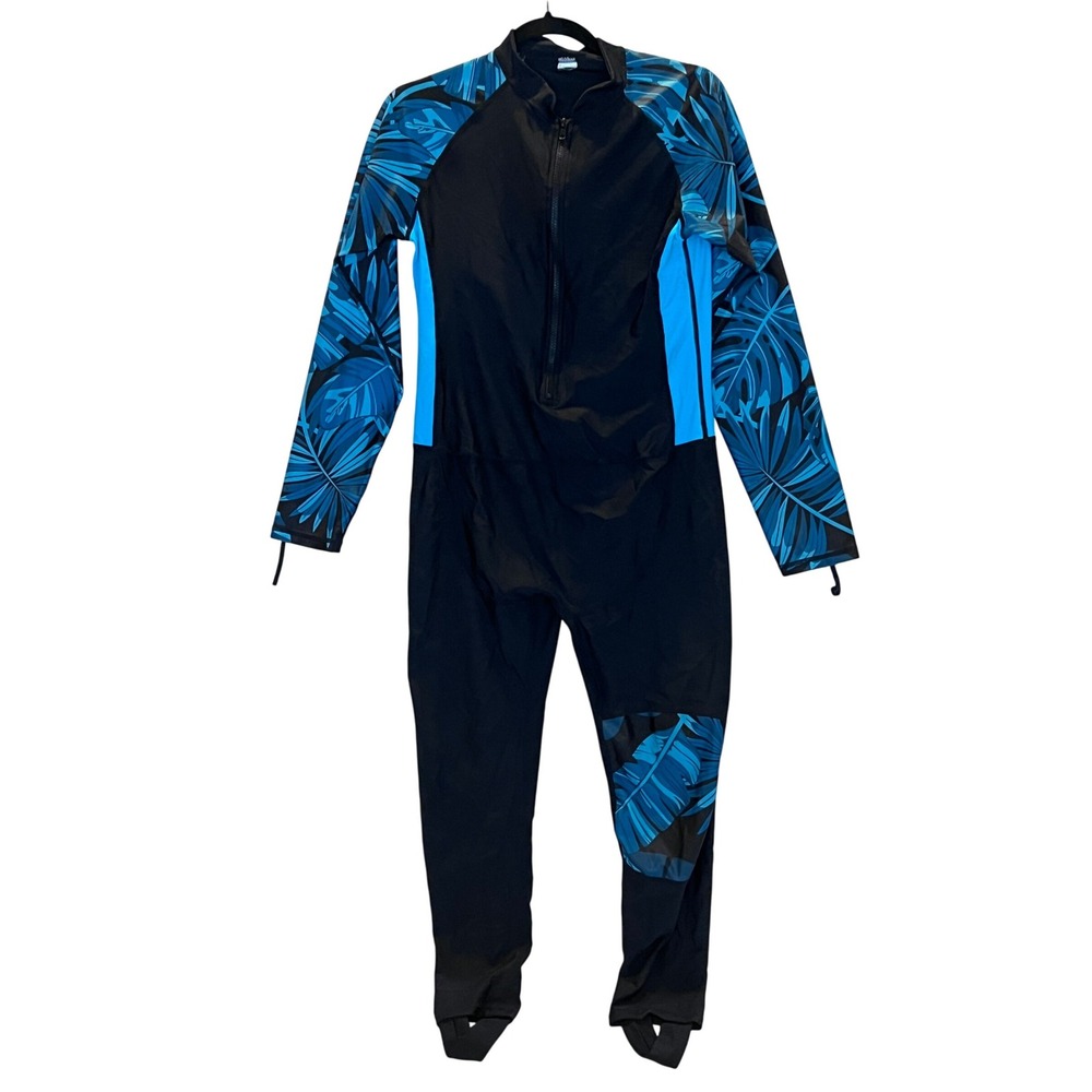 Womens Rash‎ Guard Full Body Swimsuit Blue Palm Leaf Print Surf Suit